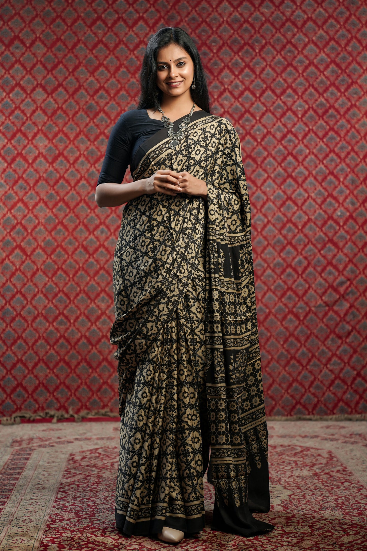 Cream Base Modal Silk Saree with Black Floral Print