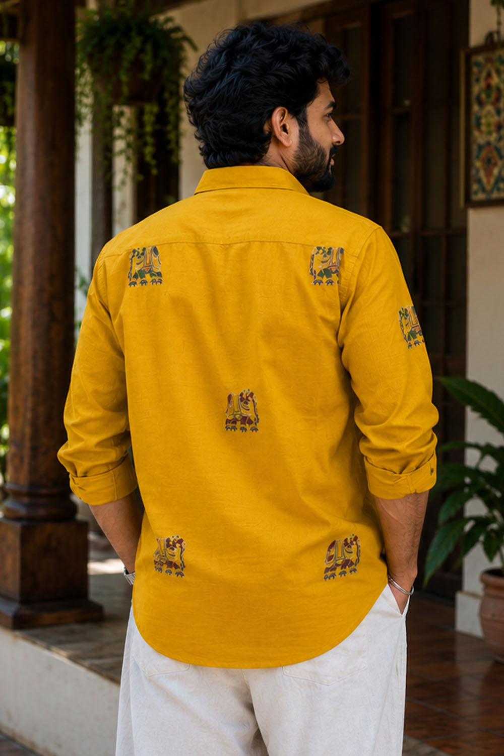 Mustard Yellow Linen Shirt with Print