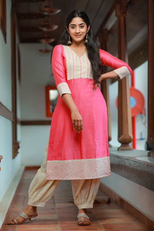 Pink Chanderi Slited Kurti