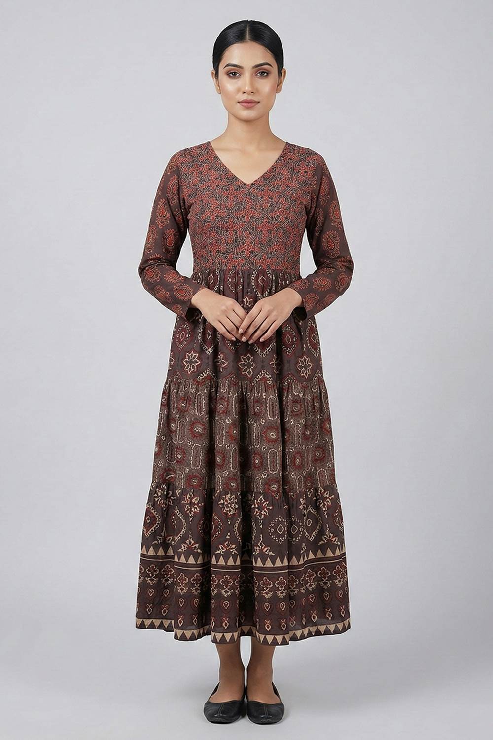 Brown Ajrakh Tiered Full Sleeve Dress