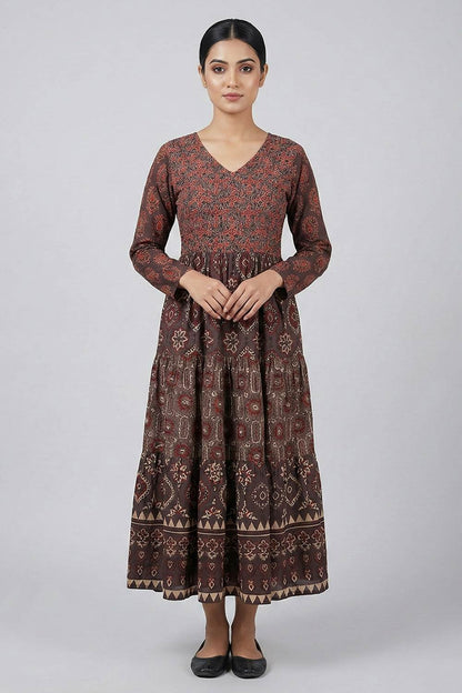 Brown Ajrakh Tiered Full Sleeve Dress