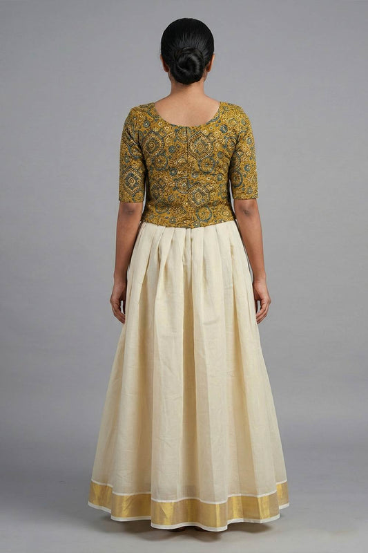 Yellow Top with Ajrakh Eye & Floral Print