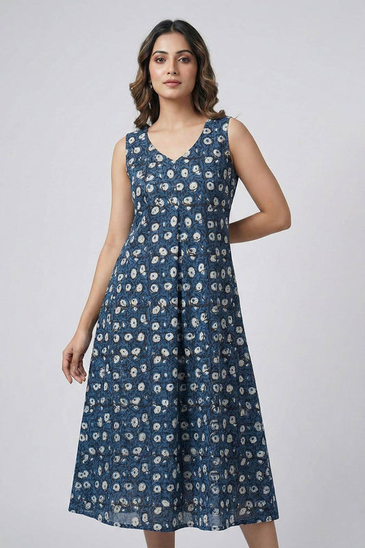 Navy Blue A Line Kurti with Small Floral Print