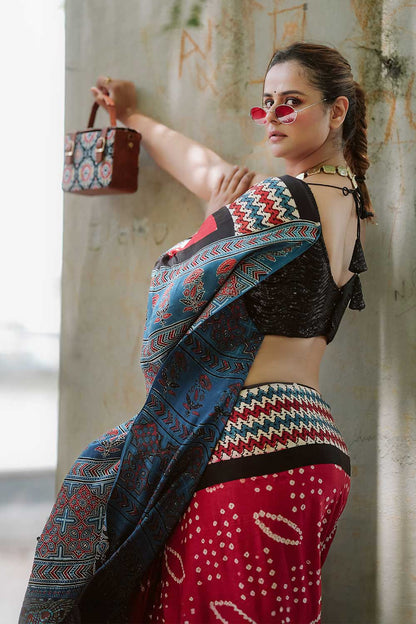 Ajrakh Modal Bandhani Red & Blue saree