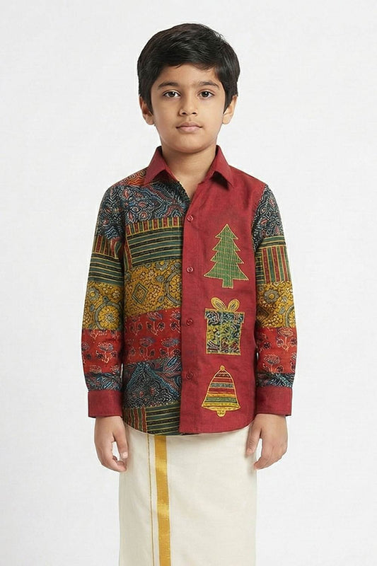 Red Patch Xmas Theme Embroidery Shirt
