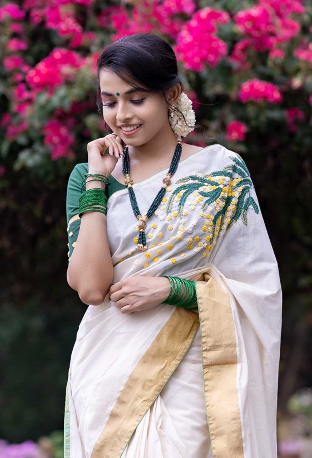 Bottle Green Handloom Blouse With Hand Embroidery At Sleeve