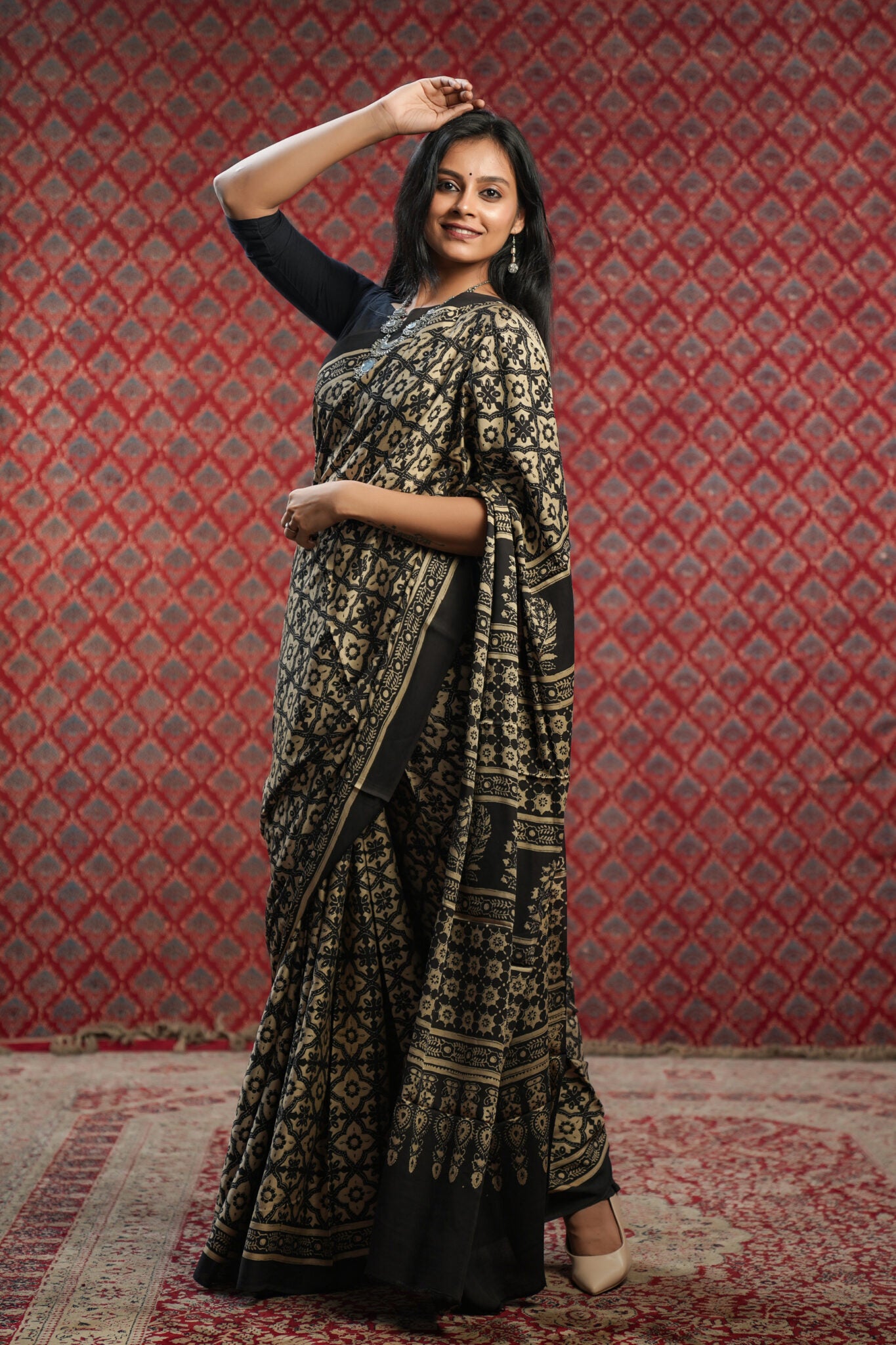 Cream Base Modal Silk Saree with Black Floral Print