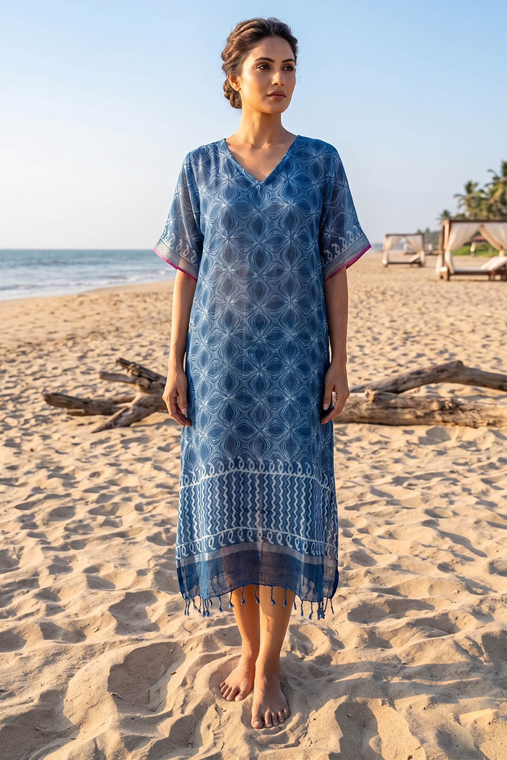 Blue Indigo Linen Flexi Fitted Dress with Mulcotton Slip