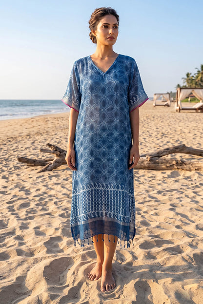 Blue Indigo Linen Flexi Fitted Dress with Mulcotton Slip