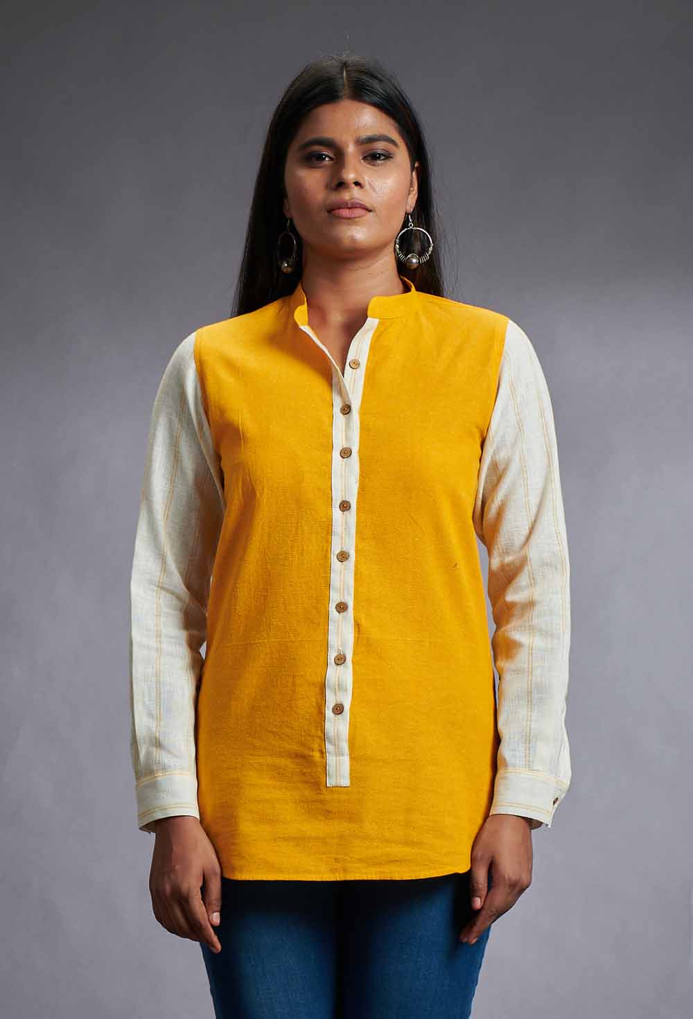 Yellow & Beige Cotton Top with Chinese Collar