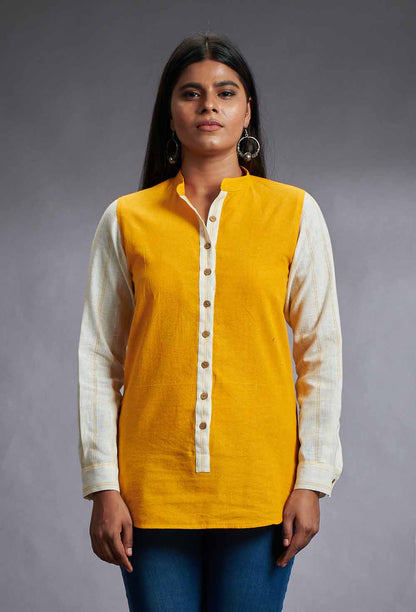 Yellow & Beige Cotton Top with Chinese Collar