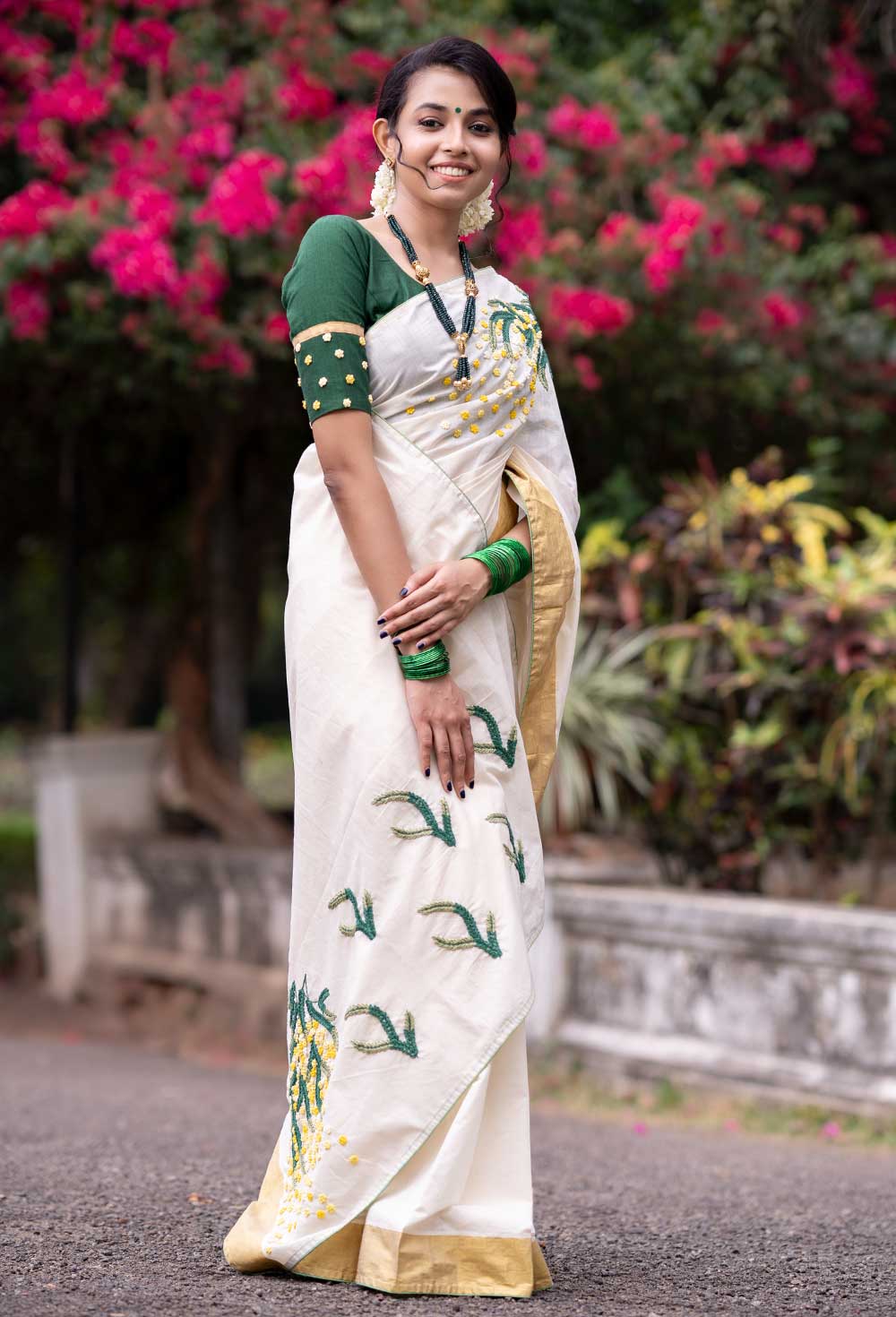 Bottle Green Handloom Blouse With Hand Embroidery At Sleeve