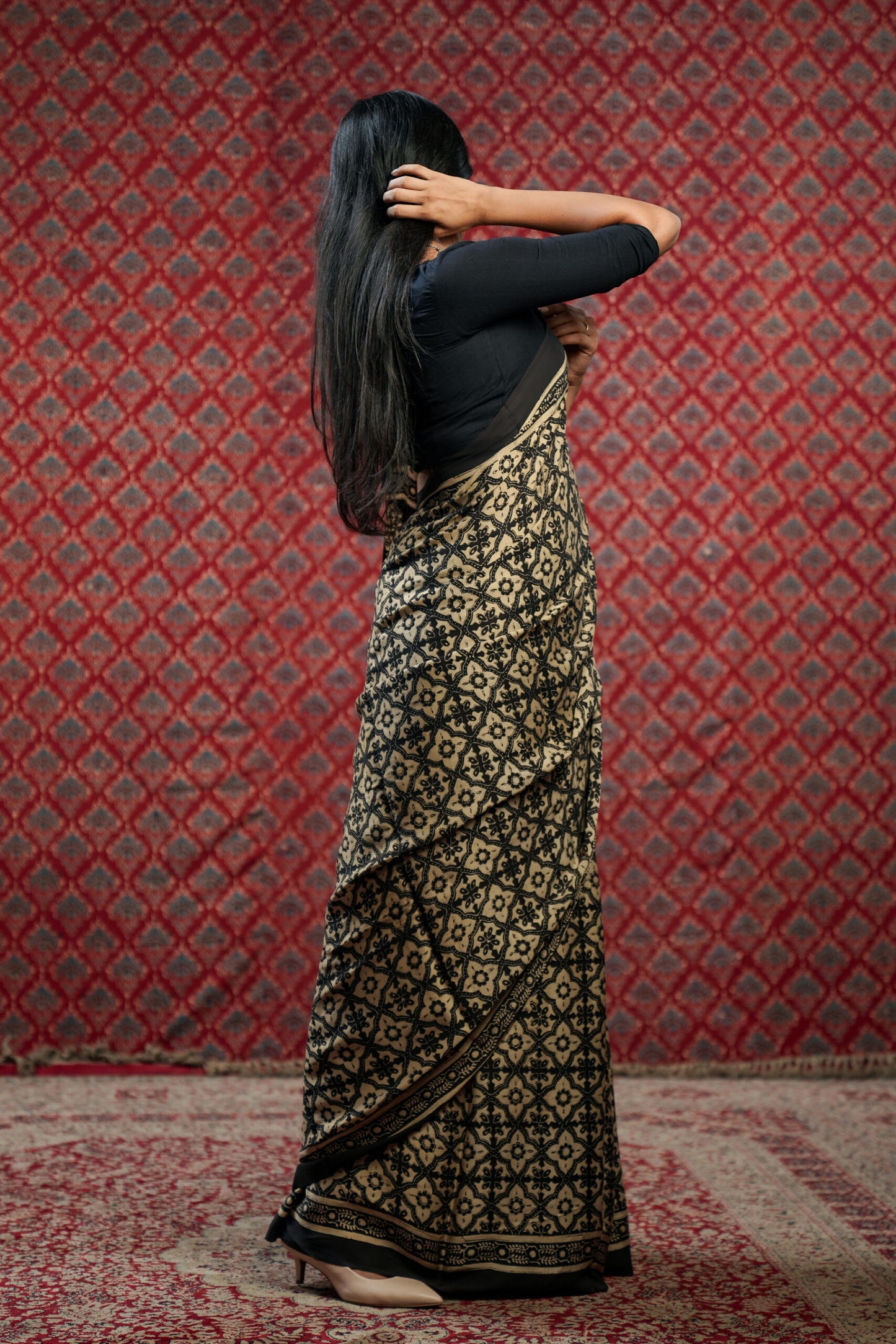 Cream Base Modal Silk Saree with Black Floral Print