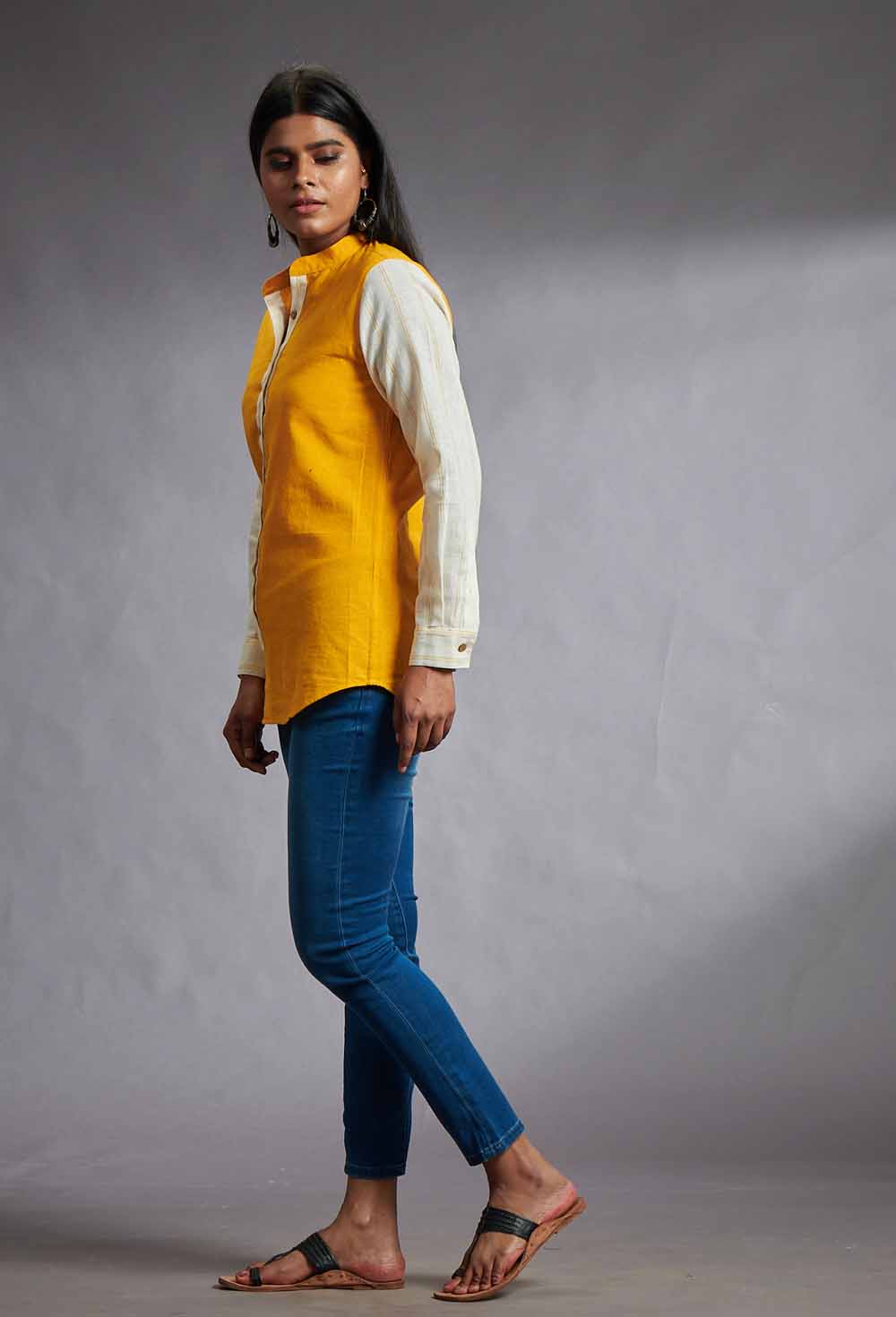 Yellow & Beige Cotton Top with Chinese Collar