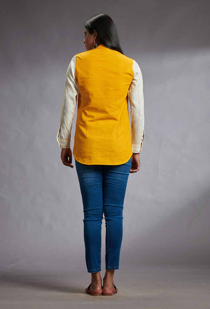 Yellow & Beige Cotton Top with Chinese Collar