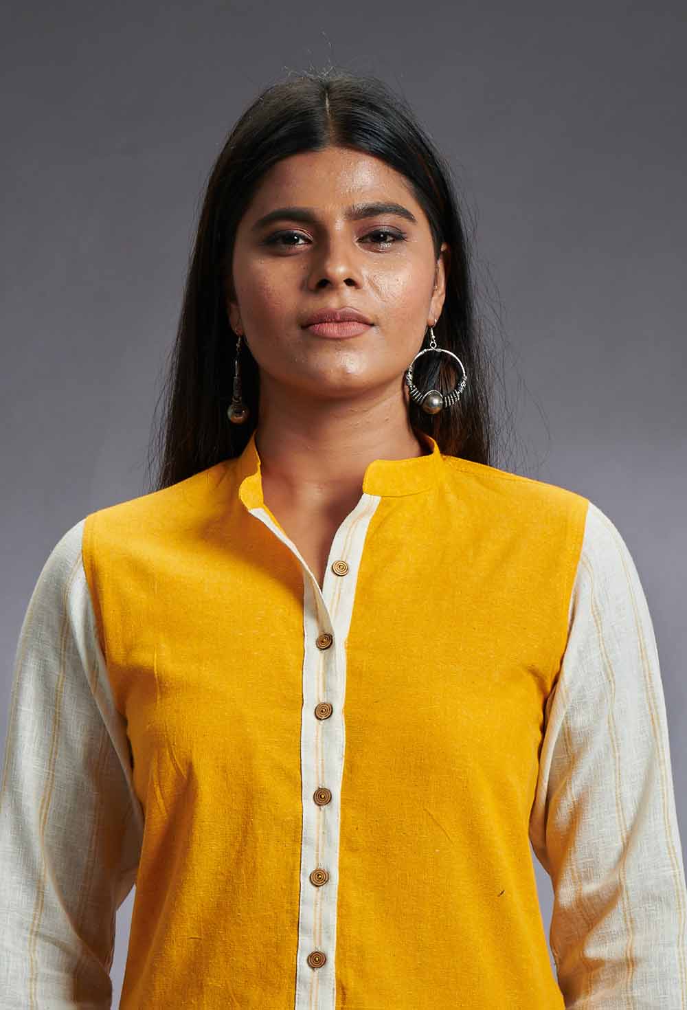 Yellow & Beige Cotton Top with Chinese Collar