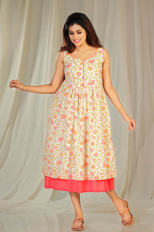 White base sanganeri gathered frock