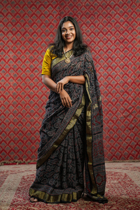 Black Base Linen Cotton Saree with Blue Floral