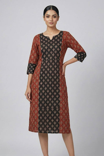 Black & Red 3 Panels Lotus Print Kurti