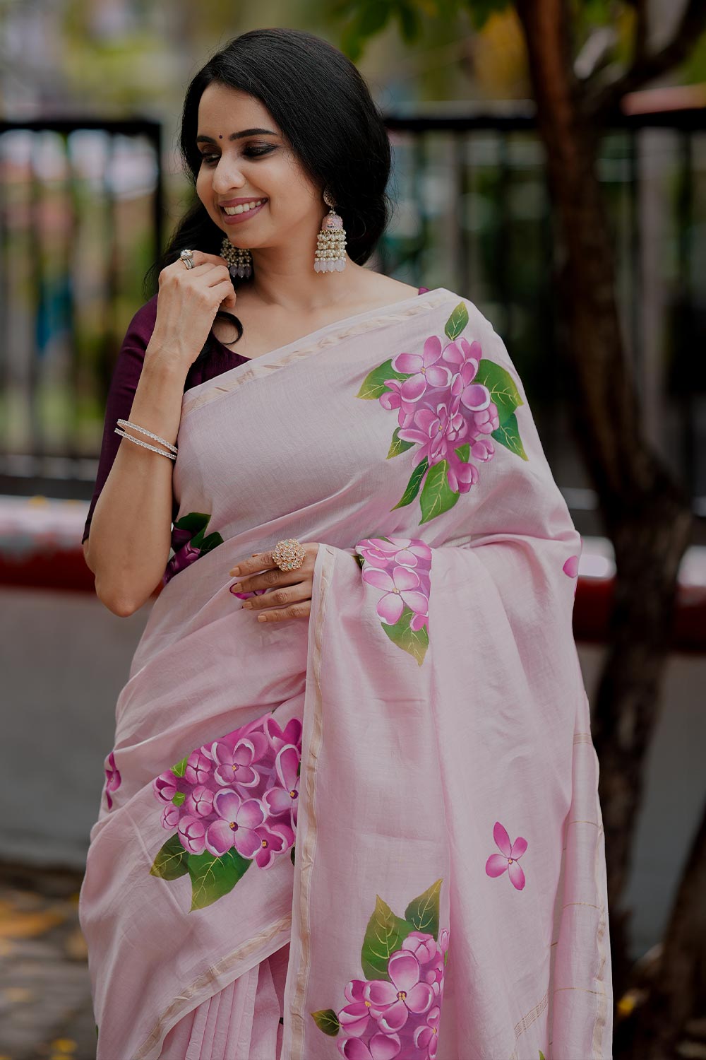Pink Saree With Purple Hydrangea flower Handpainted