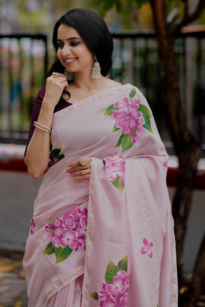 Pink Saree With Purple Hydrangea flower Handpainted