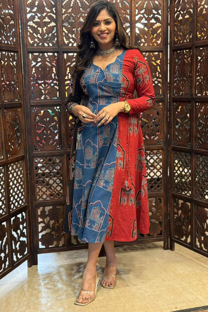 Black Blue & Red 3 Panel Ajrakh Wrap Dress