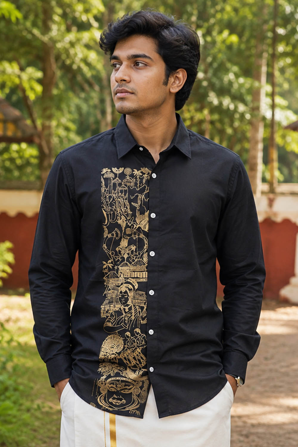 Kerala Theme Golden Printed Black Shirt
