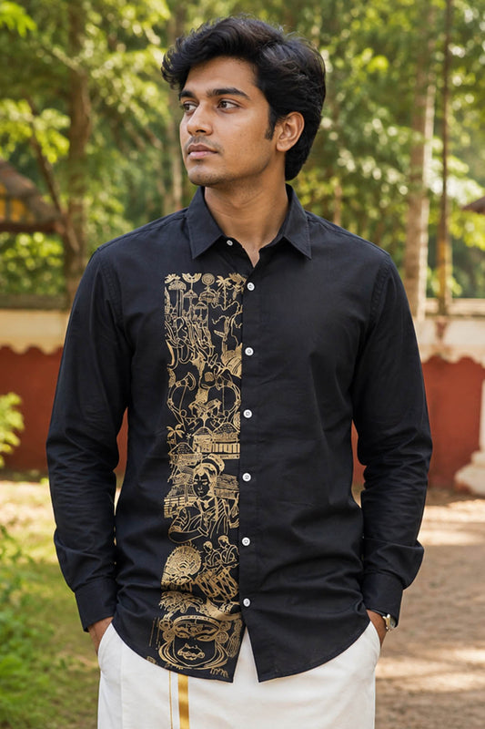 Kerala Theme Golden Printed Black Shirt