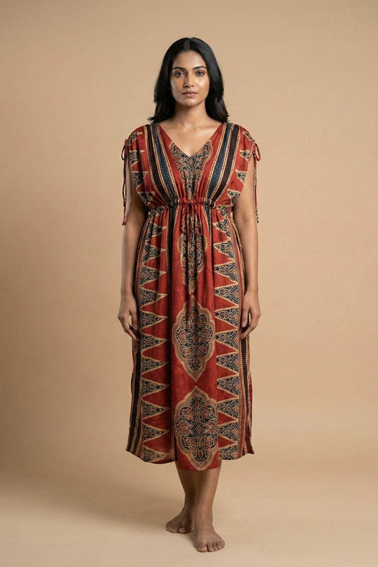 Red Ajrakh Printed Dress