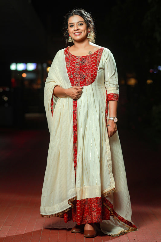 Off-White Anarkali with Red Ajrakh Patch Yoke