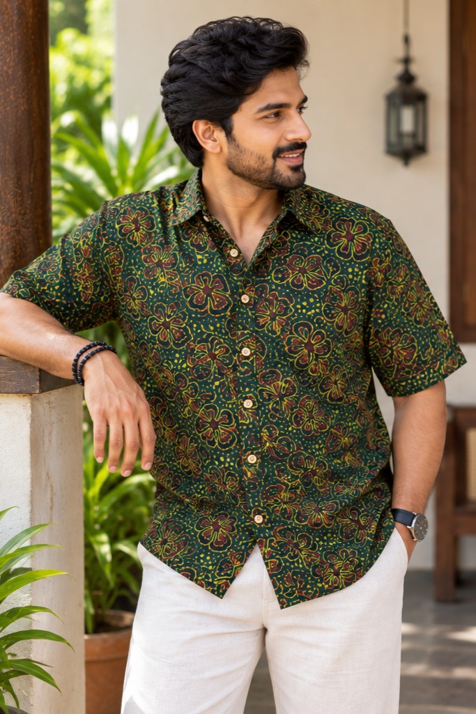 Green Base Red & Black Multi Leaf Print Modal Silk Shirt