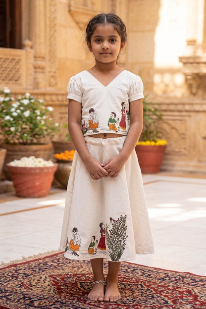Offwhite Skirt Set with Childhood Print