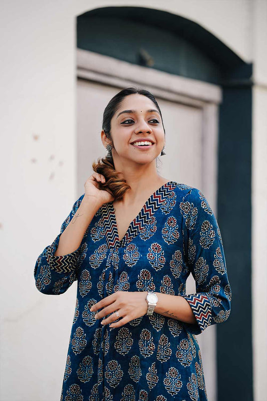 Model Blue Base Printed Aline Kurthi