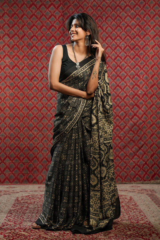 Cream Base Modal Silk Saree with Big Black Floral Print