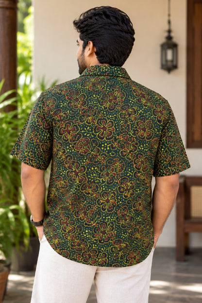 Green Base Red & Black Multi Leaf Print Modal Silk Shirt