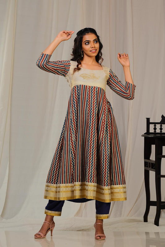 Ajrakh Zig-Zag Anarkali with Blue Chendamangalam Trousers