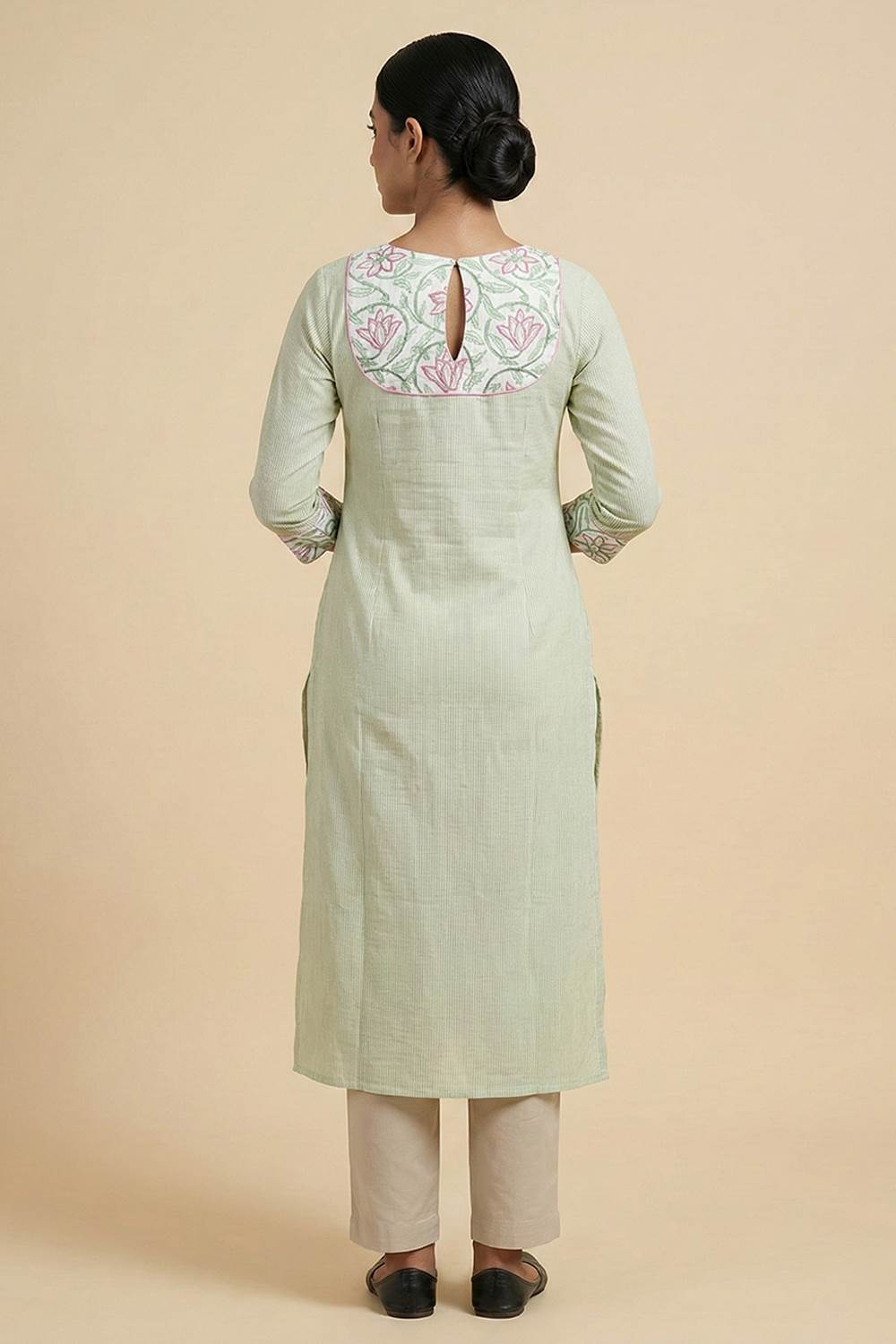 Green Handloom Stripe Kurti with Printed Yoke