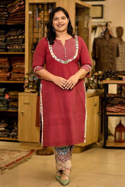 Red Straight cut kurti with patch