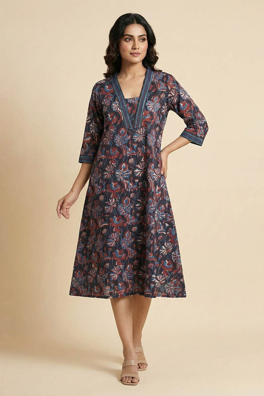 Brown A line Kurti Jahota Print Yoke Neck