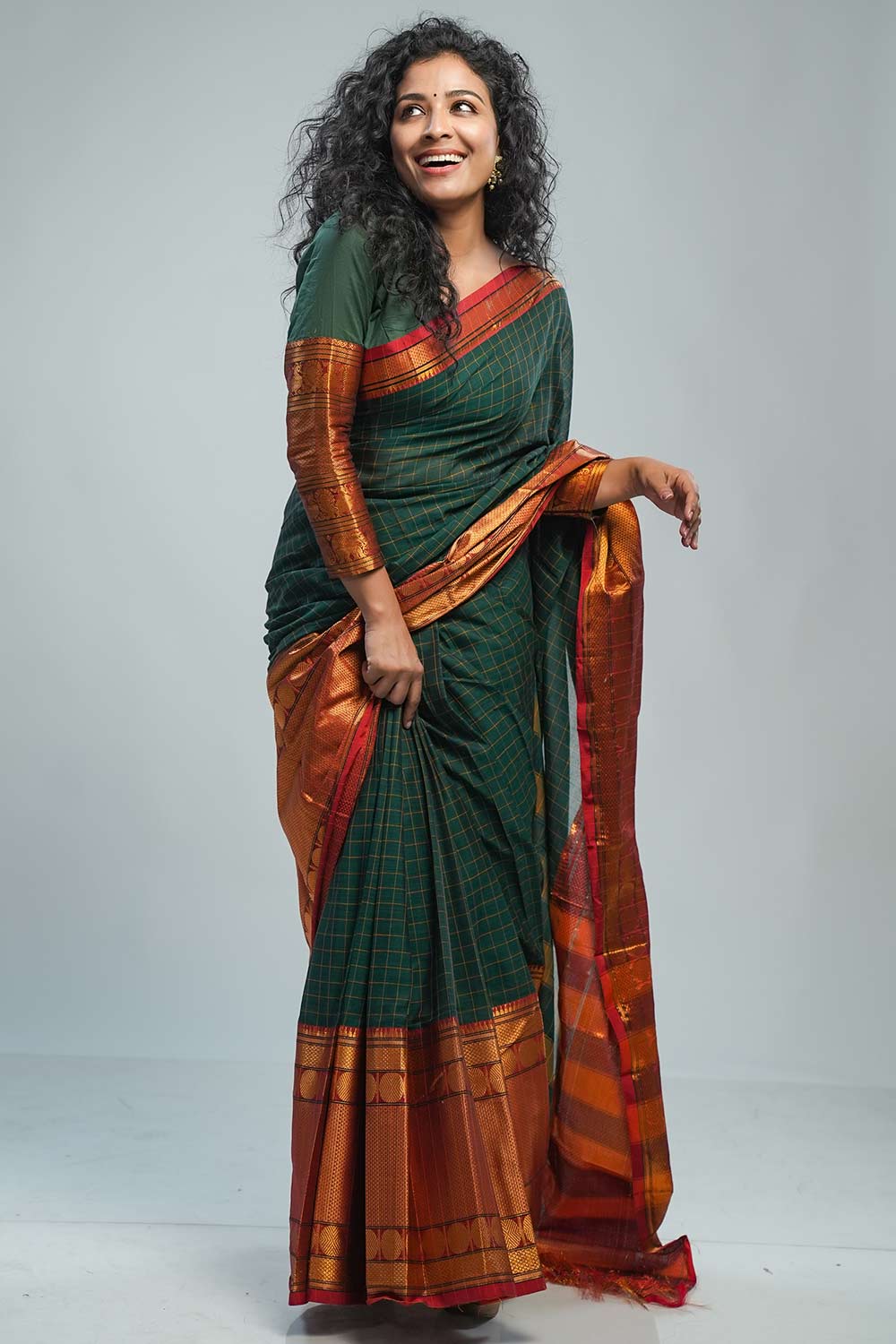 Narayan Pet Green Checked Saree with Big Border