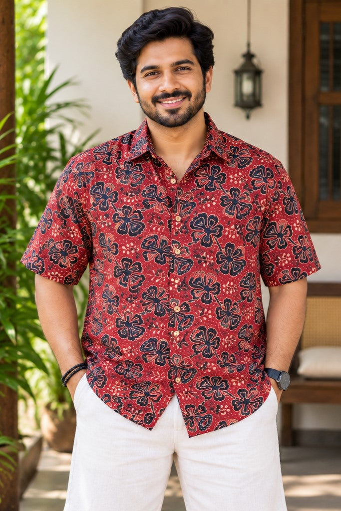 Red Base Blue & Black Multi Leaf Print Modal Silk Shirt