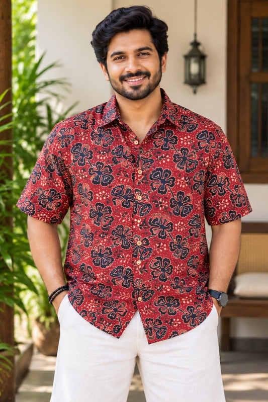 Red Base Blue & Black Multi Leaf Print Modal Silk Shirt