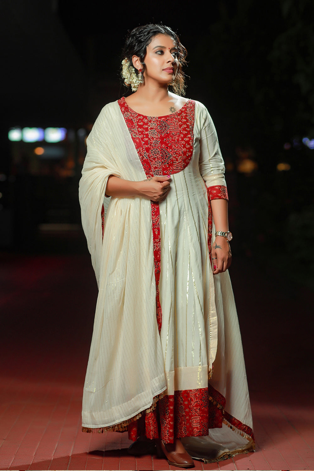 Off-White Anarkali with Red Ajrakh Patch Yoke