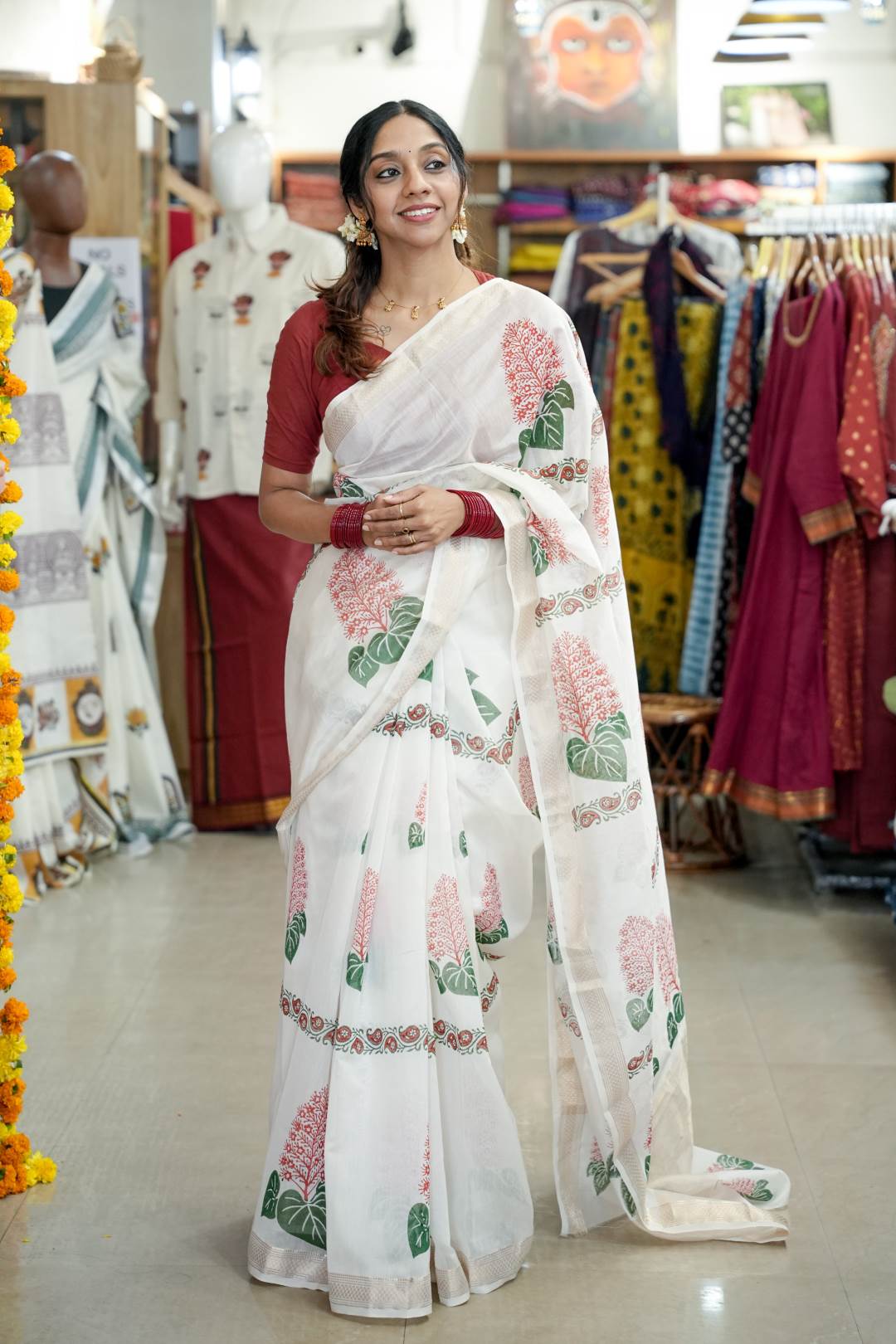 Chanderi Saree with Handblocked Krishnakireedam