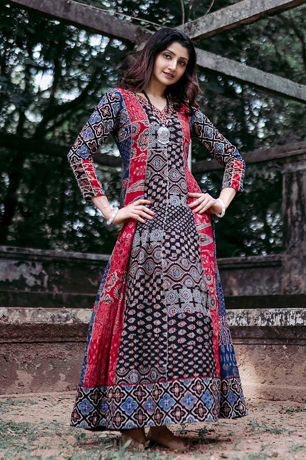 Black & Red Ajrakh Patch Anarkali