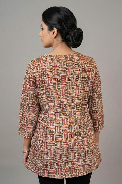 Off White Kalamkari Red & Blue Check Short Kurti