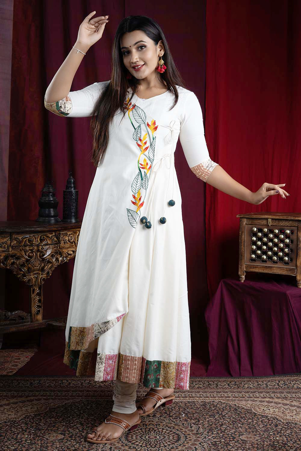 Off White Overlap Panelled Anarkali With Embroidery