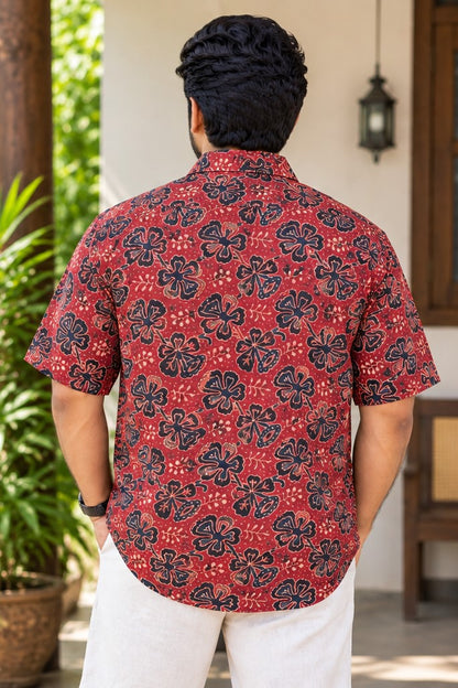 Red Base Blue & Black Multi Leaf Print Modal Silk Shirt