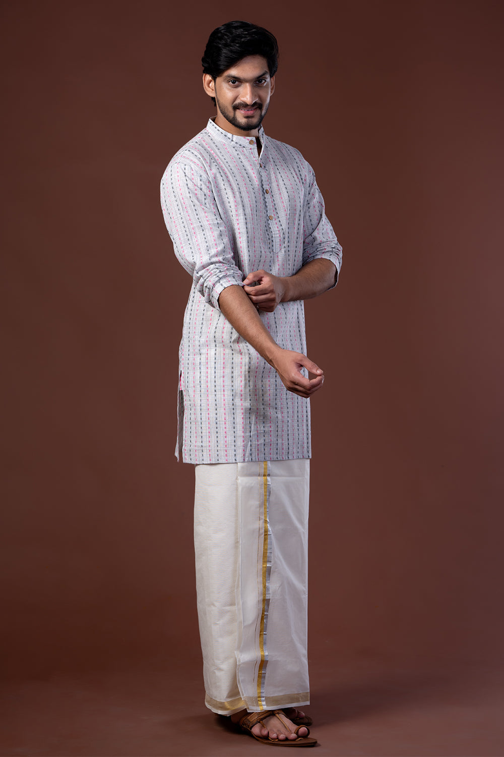 Multi Color Dobby Off White Mens Kurtha