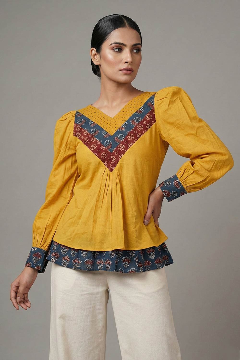 Yellow Cotton Short Top with Patch On Neck